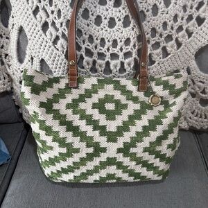 Patricia Nash Green and White Geometric Woven Tote